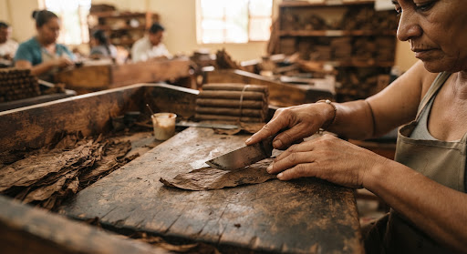 Artisan hands trimming tobacco wrapper leaf with chaveta blade at Fábrica Puro International