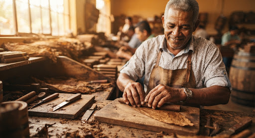 Master torcedor rolling long-filler cigars at Fábrica Puro International in Danlí Honduras